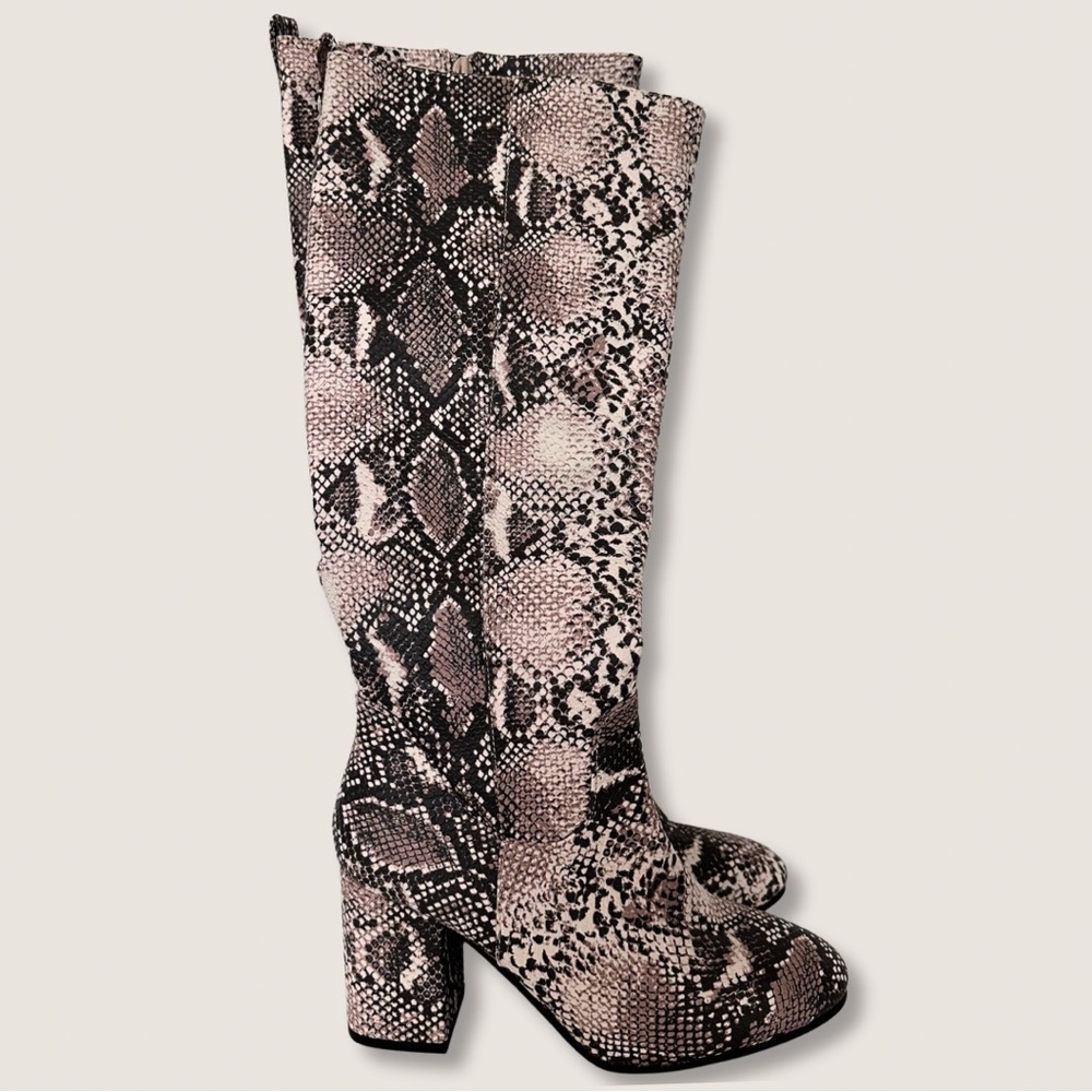 Qupid (US7) Snakeskin Print Knee High Tall Boots- Block Heel, Faux Leather